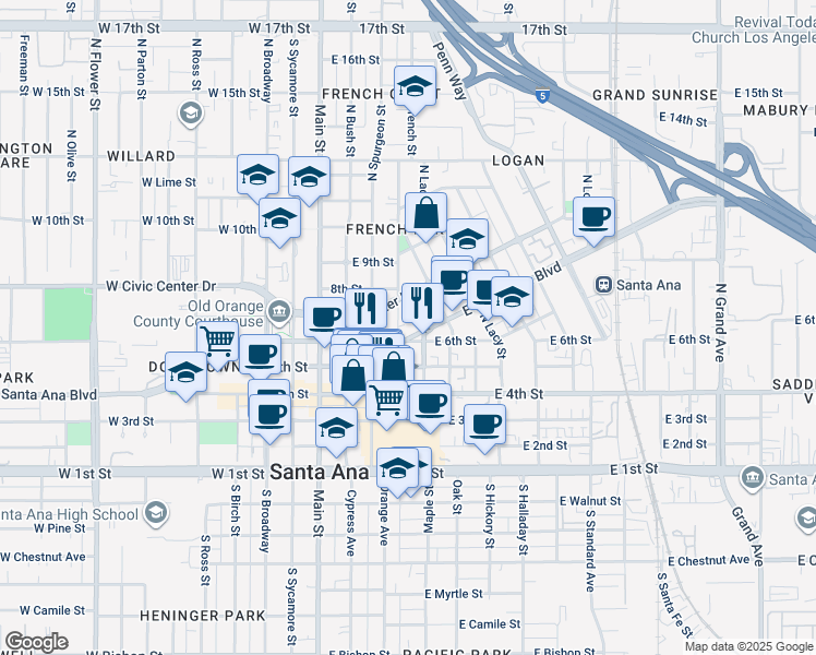 map of restaurants, bars, coffee shops, grocery stores, and more near 401 East Santa Ana Boulevard in Santa Ana