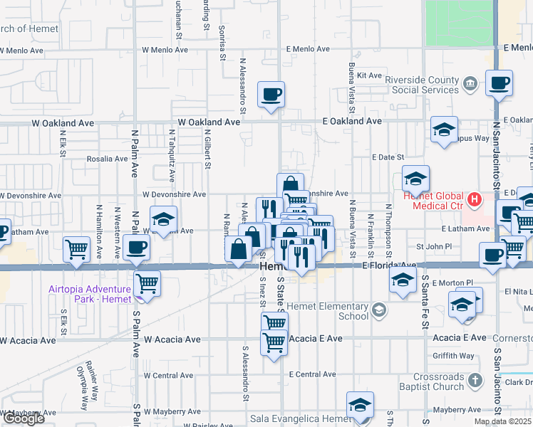 map of restaurants, bars, coffee shops, grocery stores, and more near 223 North Inez Street in Hemet