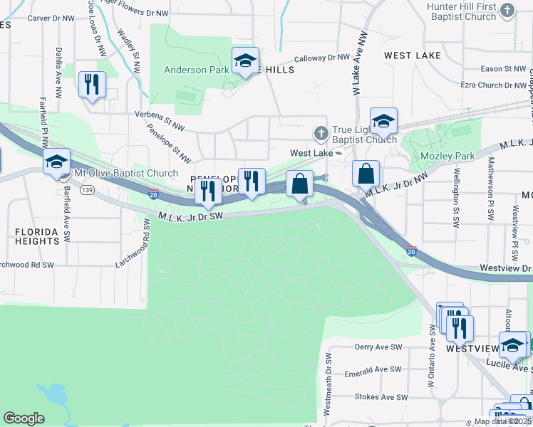 map of restaurants, bars, coffee shops, grocery stores, and more near 1900 Martin Luther King Junior Drive Southwest in Atlanta