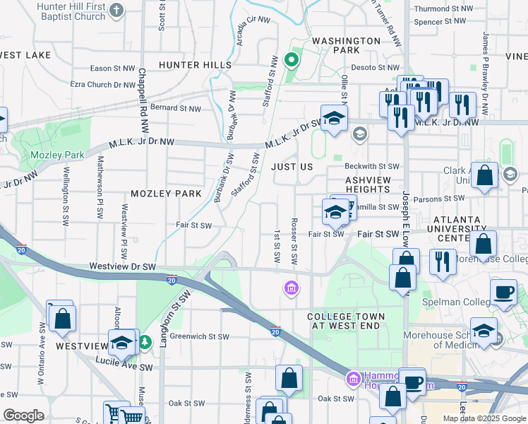 map of restaurants, bars, coffee shops, grocery stores, and more near 174 Holderness Street Southwest in Atlanta