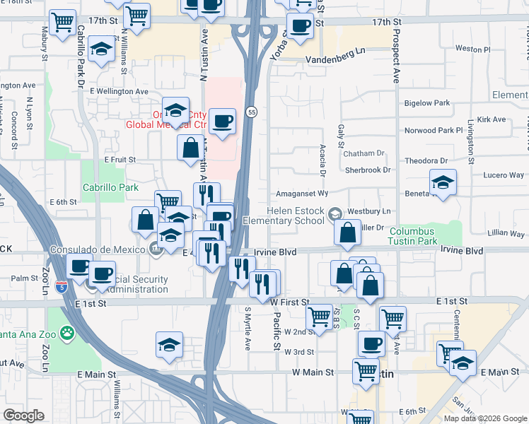 map of restaurants, bars, coffee shops, grocery stores, and more near 14681 Yorba Street in Tustin