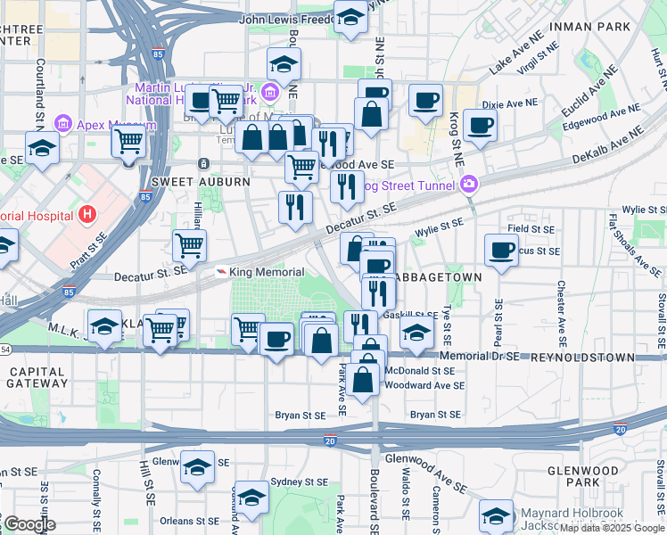 map of restaurants, bars, coffee shops, grocery stores, and more near 170 Boulevard Southeast in Atlanta