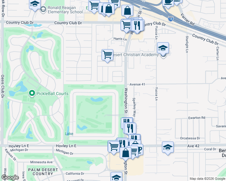 map of restaurants, bars, coffee shops, grocery stores, and more near 77896 Woodhaven Drive North in Palm Desert