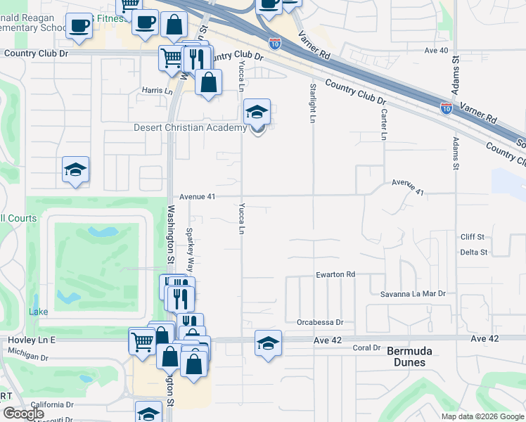 map of restaurants, bars, coffee shops, grocery stores, and more near 41050 Yucca Lane in Bermuda Dunes