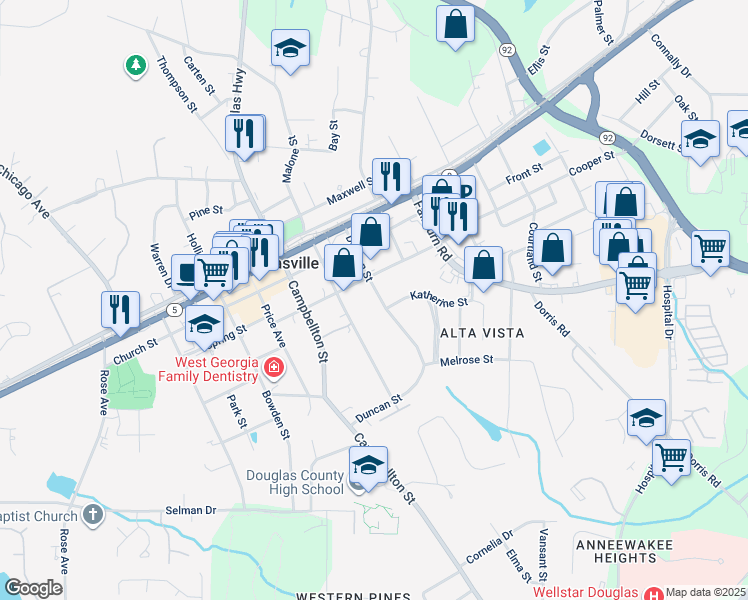 map of restaurants, bars, coffee shops, grocery stores, and more near 8451 Duncan Street in Douglasville