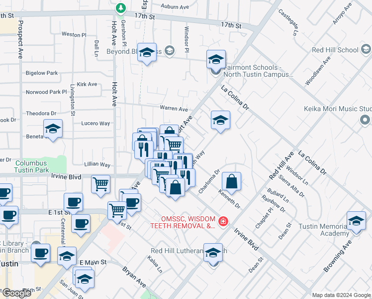 map of restaurants, bars, coffee shops, grocery stores, and more near 1081 Wass Street in Tustin