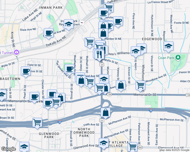 map of restaurants, bars, coffee shops, grocery stores, and more near 1103 Kirkwood Avenue Southeast in Atlanta