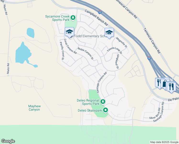 map of restaurants, bars, coffee shops, grocery stores, and more near 11077 Kalmia Court in Corona