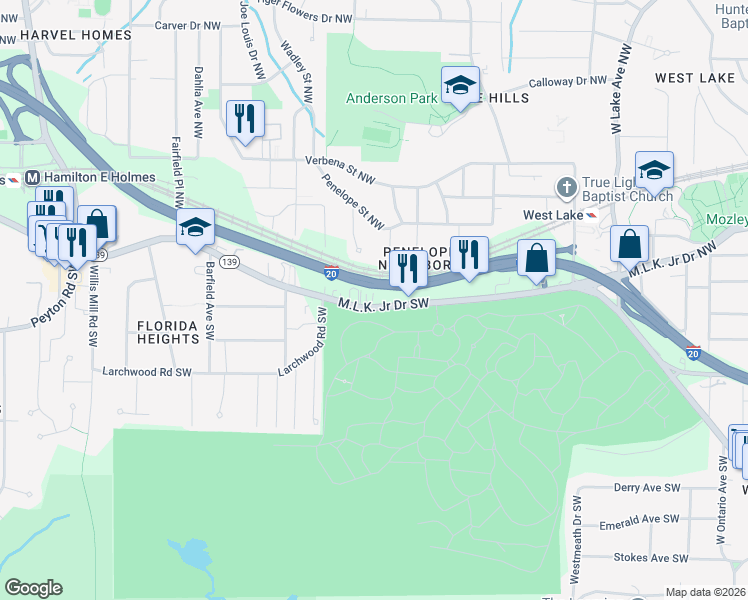 map of restaurants, bars, coffee shops, grocery stores, and more near 2065 Martin Luther King Junior Drive Southwest in Atlanta