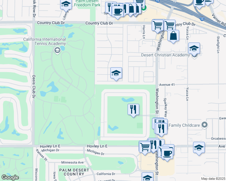map of restaurants, bars, coffee shops, grocery stores, and more near 77640 Woodhaven Drive North in Palm Desert