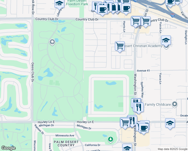 map of restaurants, bars, coffee shops, grocery stores, and more near 41125 Woodhaven Drive North in Palm Desert