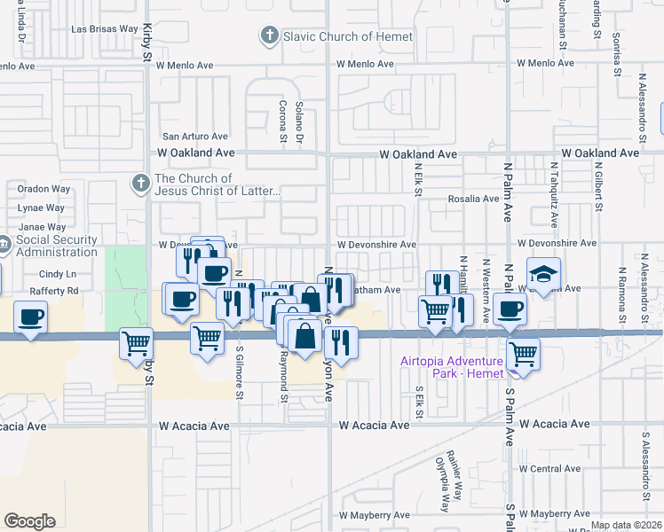 map of restaurants, bars, coffee shops, grocery stores, and more near in Hemet