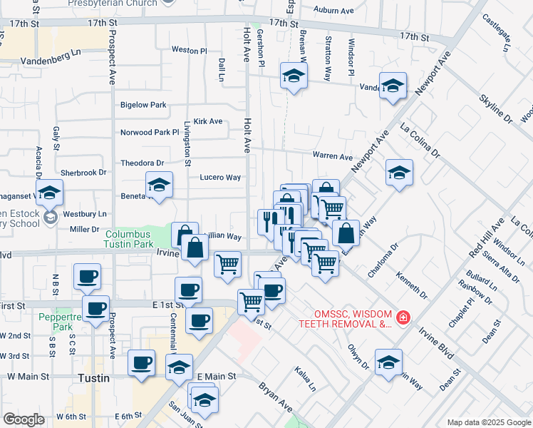 map of restaurants, bars, coffee shops, grocery stores, and more near 18321 Plaza Way in Tustin