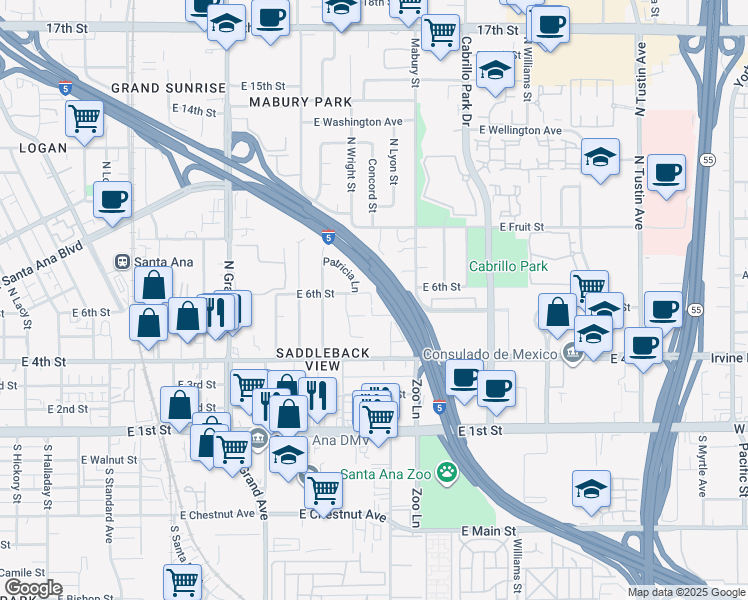 map of restaurants, bars, coffee shops, grocery stores, and more near 1633 Trinidad Way in Santa Ana