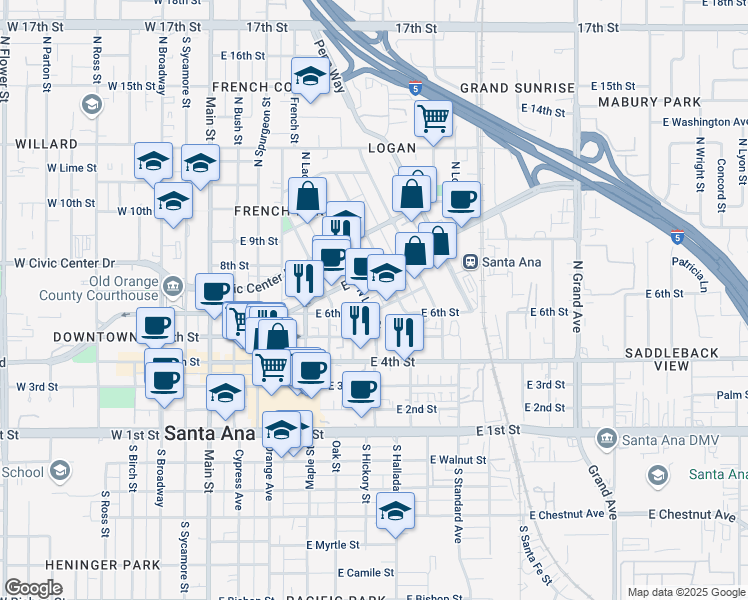 map of restaurants, bars, coffee shops, grocery stores, and more near 604 North Lacy Street in Santa Ana