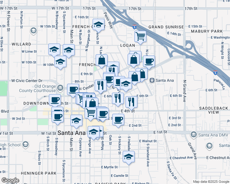 map of restaurants, bars, coffee shops, grocery stores, and more near 604 North Lacy Street in Santa Ana