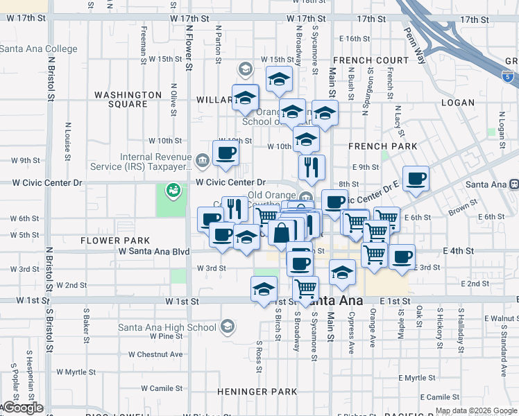 map of restaurants, bars, coffee shops, grocery stores, and more near 601n North Ross Street in Santa Ana