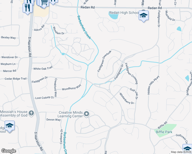 map of restaurants, bars, coffee shops, grocery stores, and more near 1535 Fieldgreen Overlook in Stone Mountain