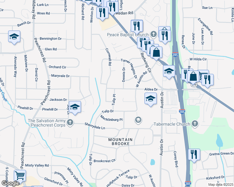 map of restaurants, bars, coffee shops, grocery stores, and more near 1462 Tulip Place in Decatur