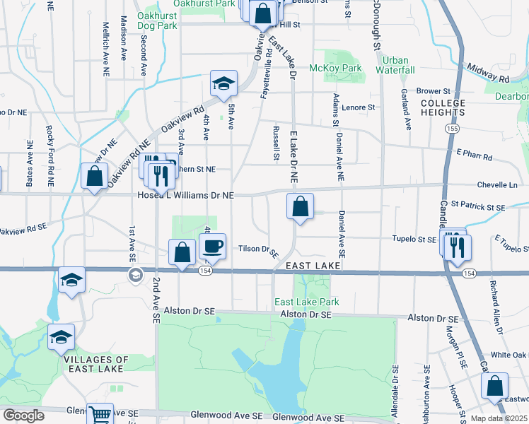 map of restaurants, bars, coffee shops, grocery stores, and more near 47 Roseclair Drive Southeast in Atlanta