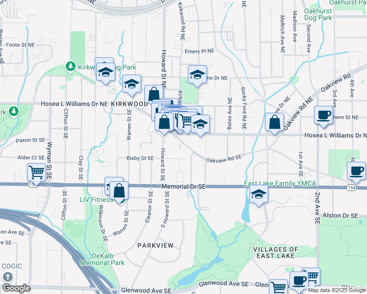 map of restaurants, bars, coffee shops, grocery stores, and more near 2035 Oakview Road Southeast in Atlanta