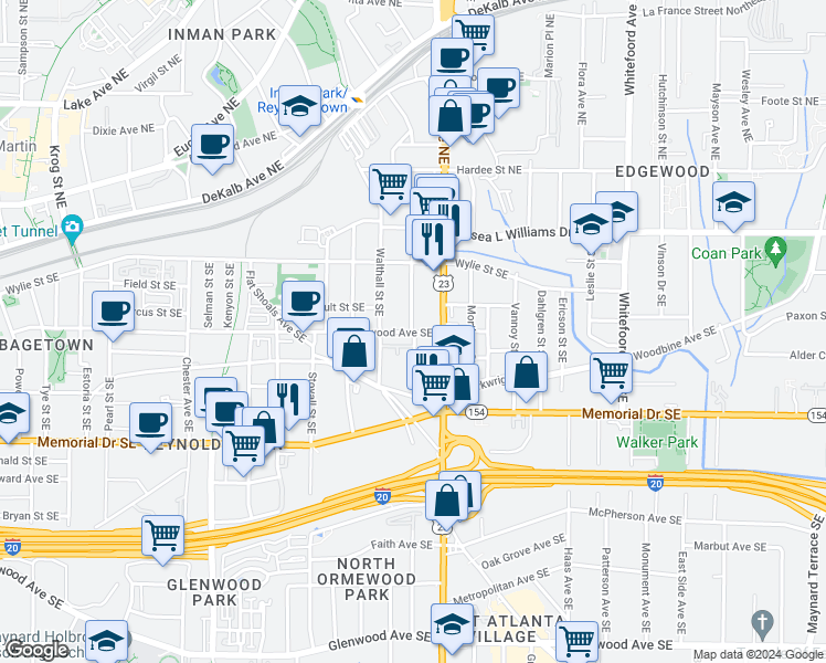 map of restaurants, bars, coffee shops, grocery stores, and more near 1103 Kirkwood Avenue Southeast in Atlanta