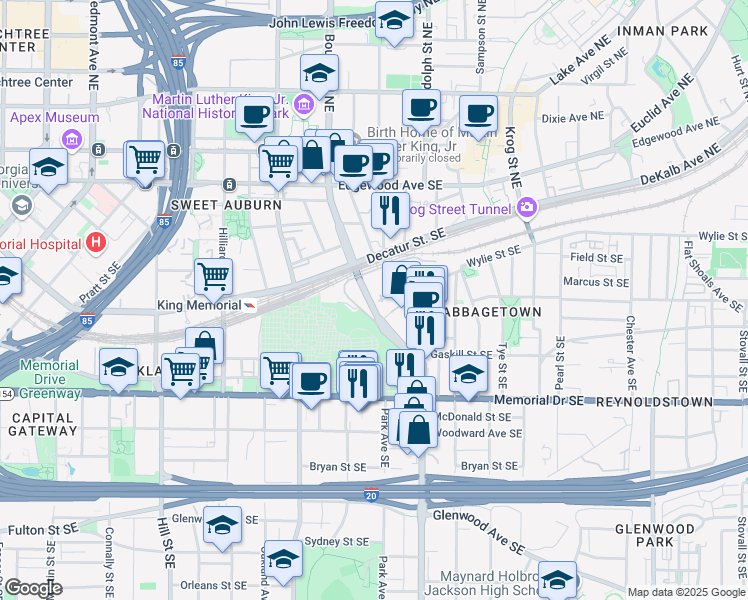 map of restaurants, bars, coffee shops, grocery stores, and more near 170 Boulevard Southeast in Atlanta