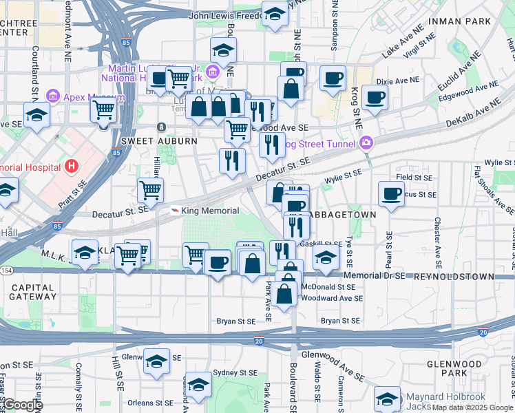 map of restaurants, bars, coffee shops, grocery stores, and more near 170 Boulevard Southeast in Atlanta