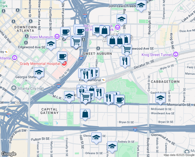 map of restaurants, bars, coffee shops, grocery stores, and more near 3 Grant Street Southeast in Atlanta
