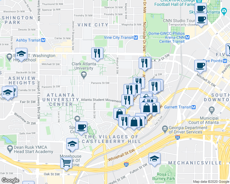 map of restaurants, bars, coffee shops, grocery stores, and more near 166 Walnut Street Southwest in Atlanta