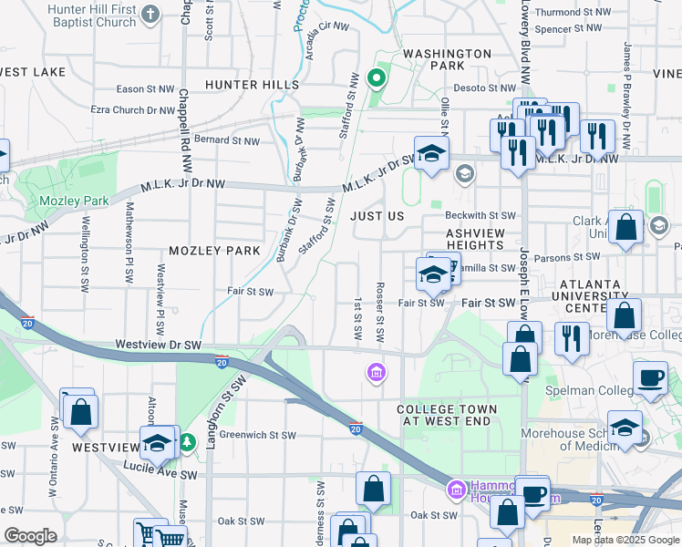 map of restaurants, bars, coffee shops, grocery stores, and more near 174 Holderness Street Southwest in Atlanta