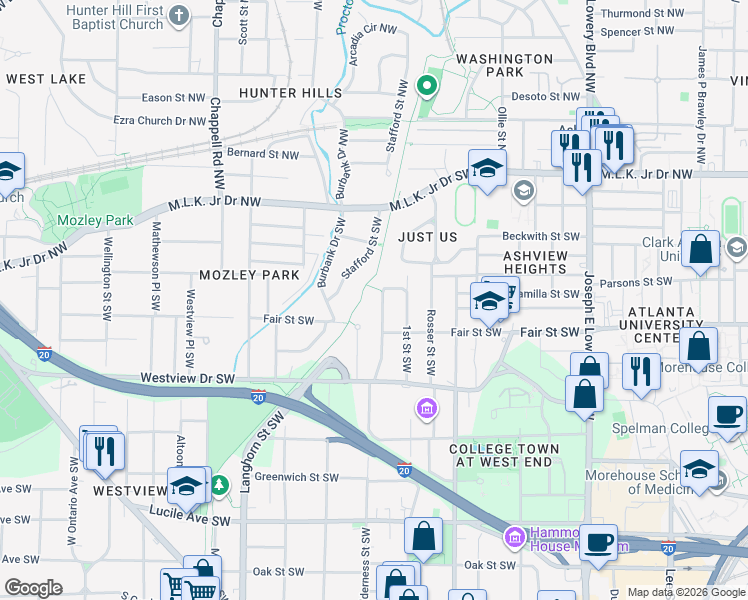 map of restaurants, bars, coffee shops, grocery stores, and more near 1239 Fair Street Southwest in Atlanta