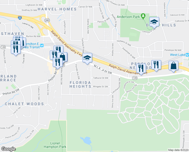 map of restaurants, bars, coffee shops, grocery stores, and more near 2211 Telhurst Street Southwest in Atlanta