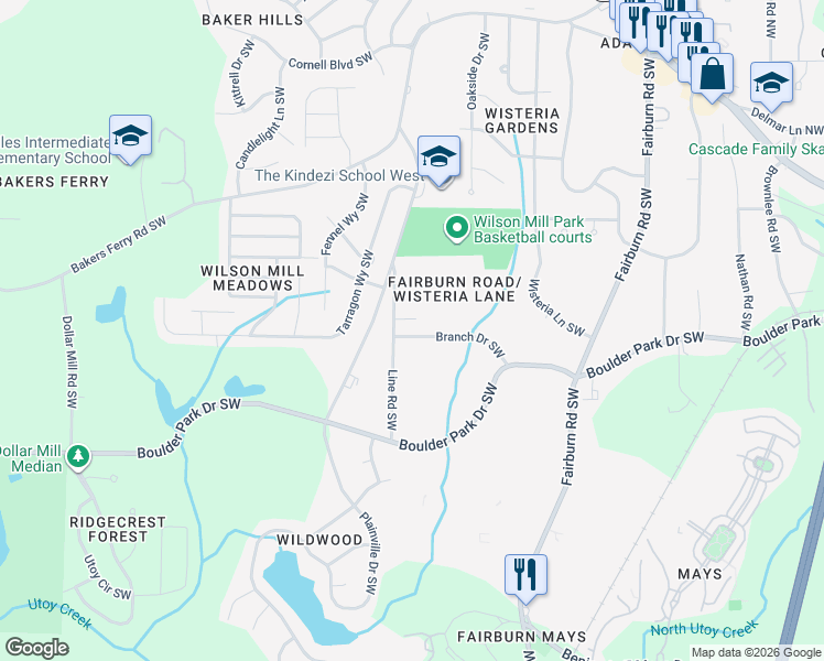 map of restaurants, bars, coffee shops, grocery stores, and more near 3869 Branch Drive Southwest in Atlanta