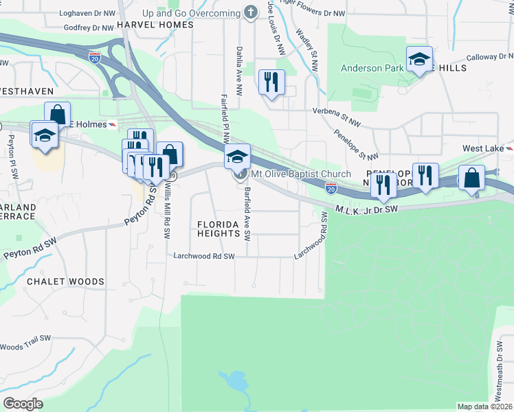 map of restaurants, bars, coffee shops, grocery stores, and more near 2211 Telhurst Street Southwest in Atlanta