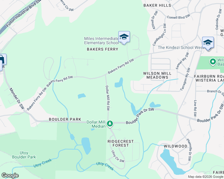 map of restaurants, bars, coffee shops, grocery stores, and more near 155 Dollar Mill Road Southwest in Atlanta