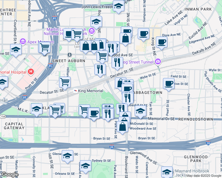 map of restaurants, bars, coffee shops, grocery stores, and more near 170 Boulevard Southeast in Atlanta
