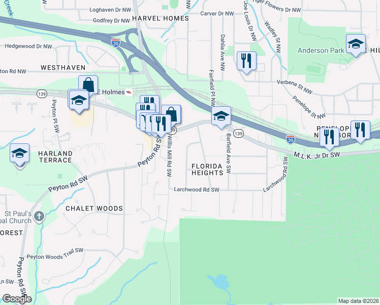 map of restaurants, bars, coffee shops, grocery stores, and more near 212 Silver Springs Circle Southwest in Atlanta