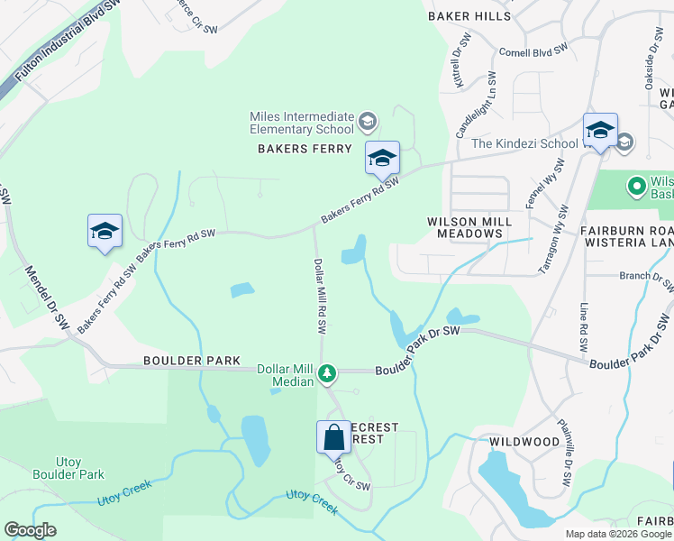map of restaurants, bars, coffee shops, grocery stores, and more near 164 Dollar Mill Road Southwest in Atlanta