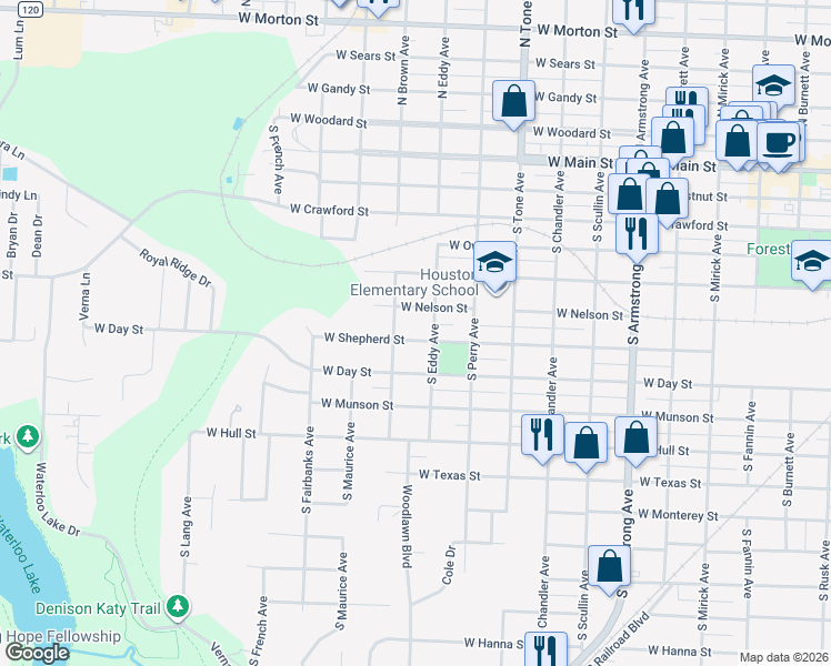 map of restaurants, bars, coffee shops, grocery stores, and more near 1319 West Shepherd Street in Denison
