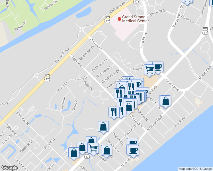 map of restaurants, bars, coffee shops, grocery stores, and more near 7603 Brentwood Drive in Myrtle Beach