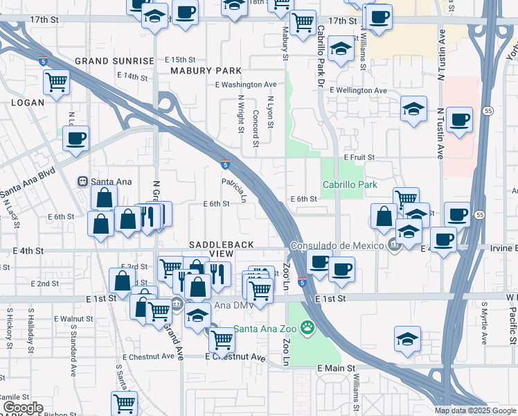 map of restaurants, bars, coffee shops, grocery stores, and more near 1636 East 6th Street in Santa Ana