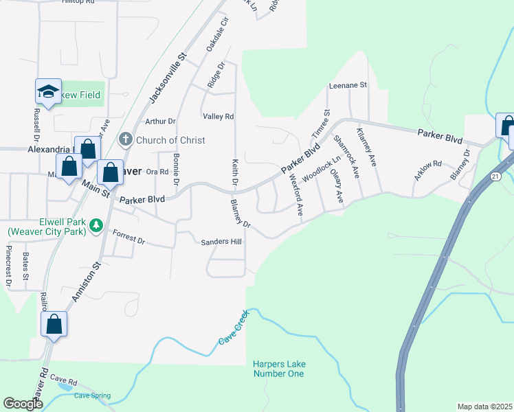 map of restaurants, bars, coffee shops, grocery stores, and more near 501 Tara Boreen Street in Weaver