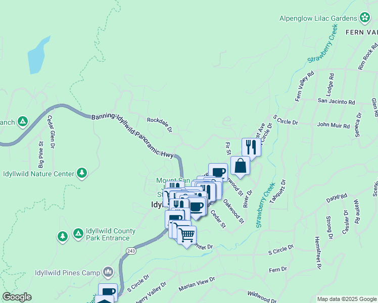 map of restaurants, bars, coffee shops, grocery stores, and more near 54365 Jameson Drive in Idyllwild-Pine Cove