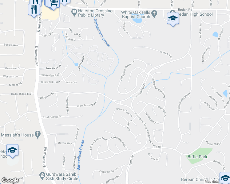 map of restaurants, bars, coffee shops, grocery stores, and more near 1535 Fieldgreen Overlook in Stone Mountain