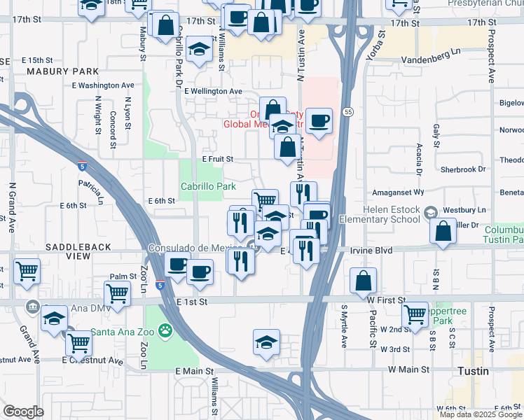 map of restaurants, bars, coffee shops, grocery stores, and more near 600 North Parkcenter Drive in Santa Ana