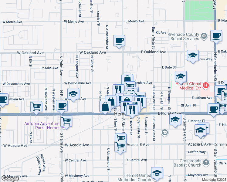 map of restaurants, bars, coffee shops, grocery stores, and more near 233 North Inez Street in Hemet