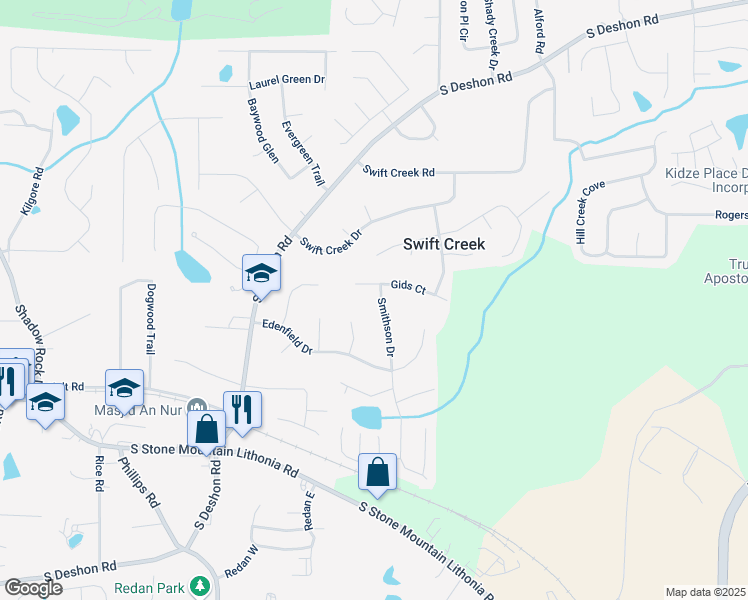 map of restaurants, bars, coffee shops, grocery stores, and more near 1429 Smithson Drive in Lithonia