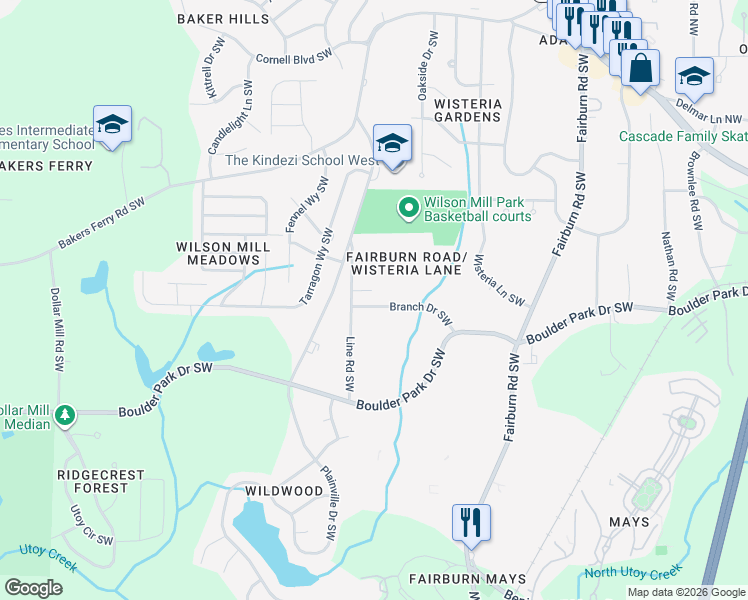 map of restaurants, bars, coffee shops, grocery stores, and more near 3869 Branch Drive Southwest in Atlanta