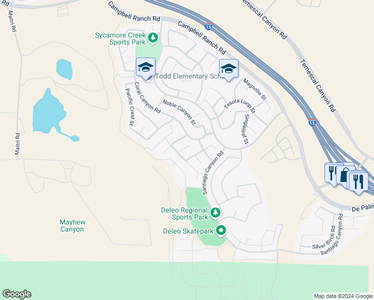 map of restaurants, bars, coffee shops, grocery stores, and more near 11077 Kalmia Court in Corona